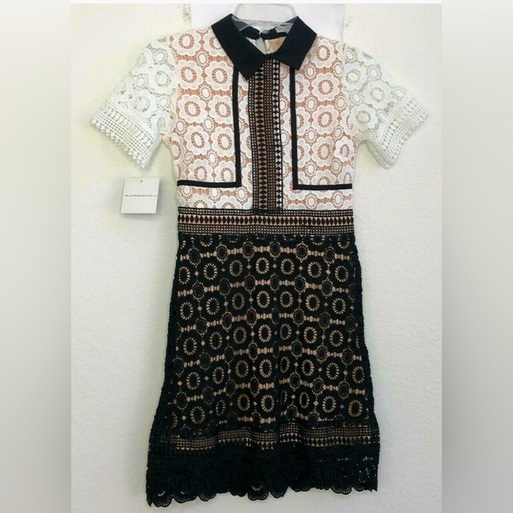 NWT!! Black White Crochet Lace Mini Dress Short Sleeve - Picture 1 of 4